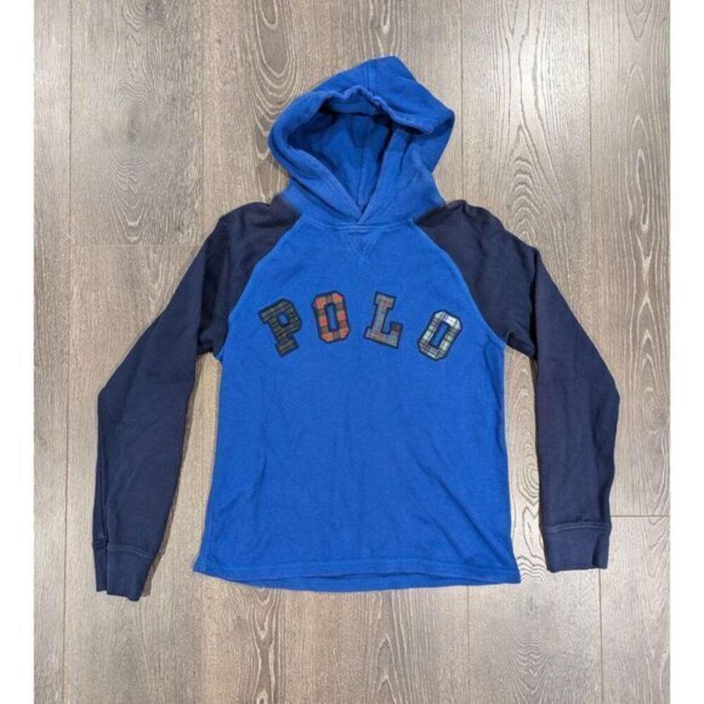 Polo Ralph Lauren Big Boys' Blue Size L 14-16 Big Kid Ribbed Hoodie Plaid Logo
